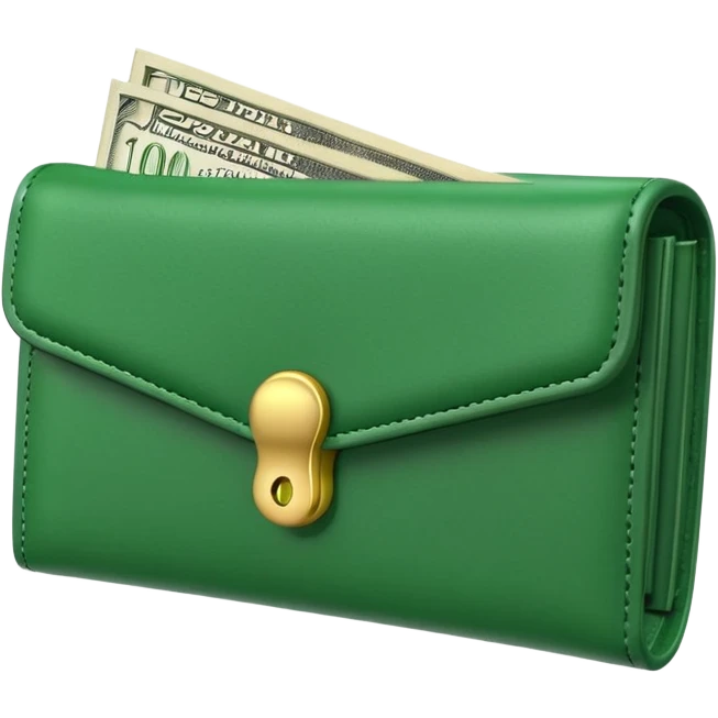 Rich emoji style green leather wallet with dollar bills, luxury money vibe, premium 3D emoji, ultra clean, high detail, no background emoji