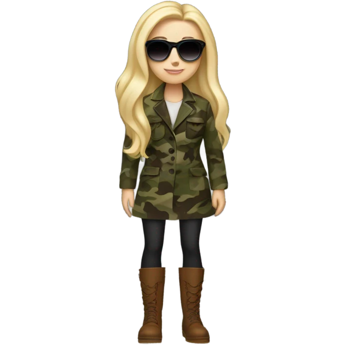 White girl with Long blonde hair and round Sun glases, camouflage Wool oversize blazer, mini dress and Brown leather boots  emoji