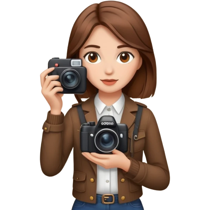 Дівчина фотограф з каштановим волоссям стаильно одягнена emoji