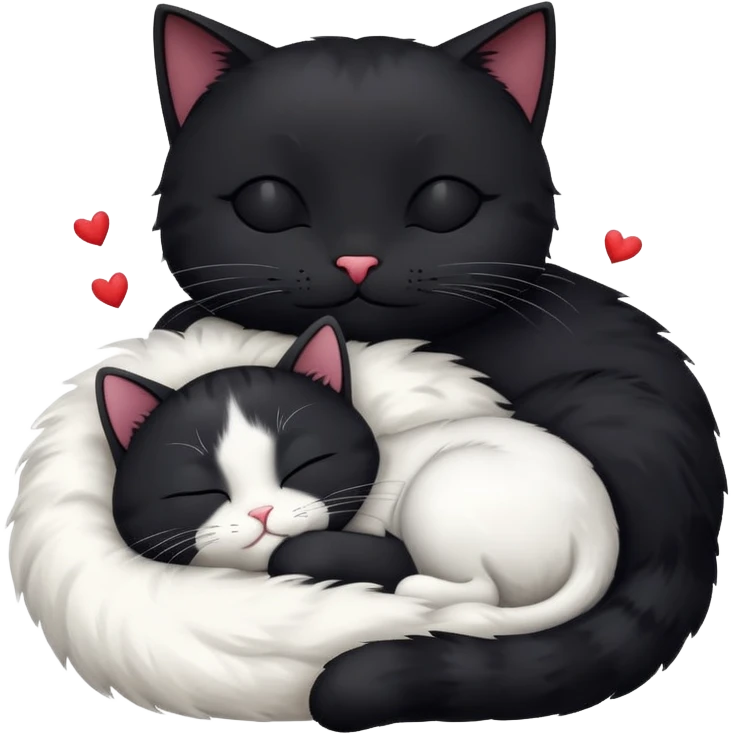 Big black cat is sleeping with a small white cat with hearts above emoji