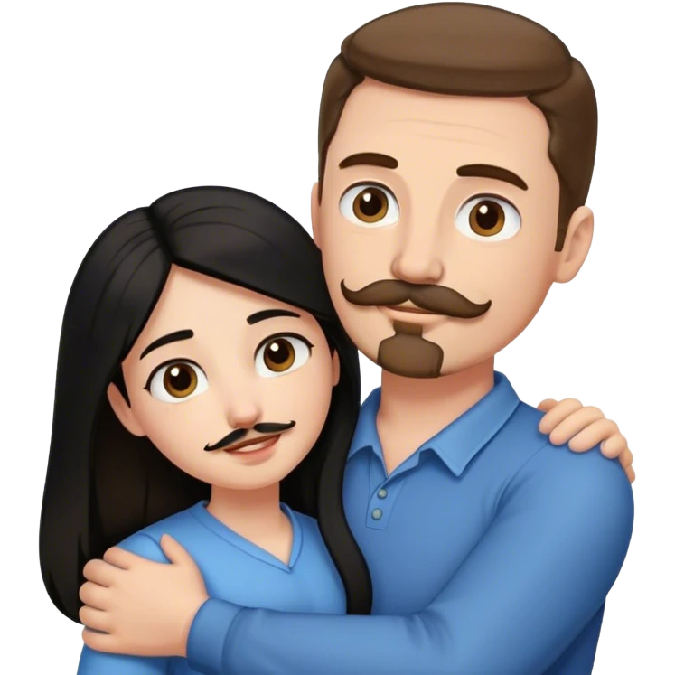 Couple, Tall strong white man with brown hair mustache and goatee, hugging small pale woman long with black hair emoji