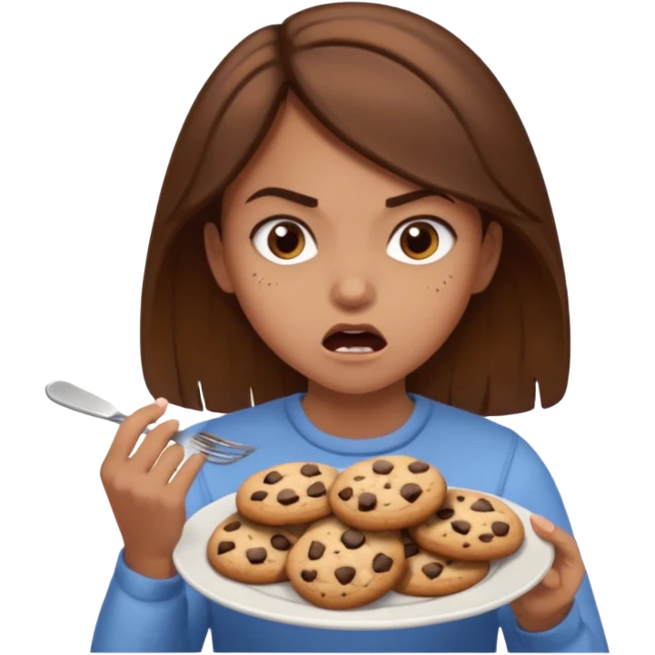 Angry girl brown hair that’s eating a plate of cookies emoji