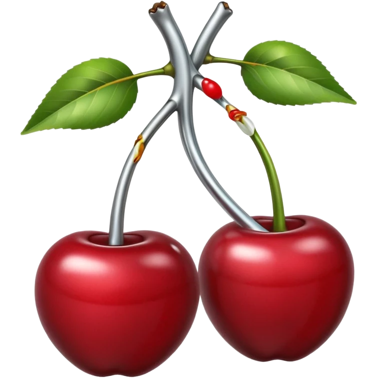 A pair of cherries emoji made of polished silver chrome, smooth rounded shapes, glossy metallic finish, soft highlights and reflections, cute proportions, iOS emoji style, centered, clean white background, no text emoji