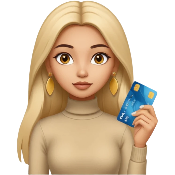 a pretty bratz fair indian girl wearing a beige turtleneck, golden earrings, straight ling hair, holding bank cards emoji