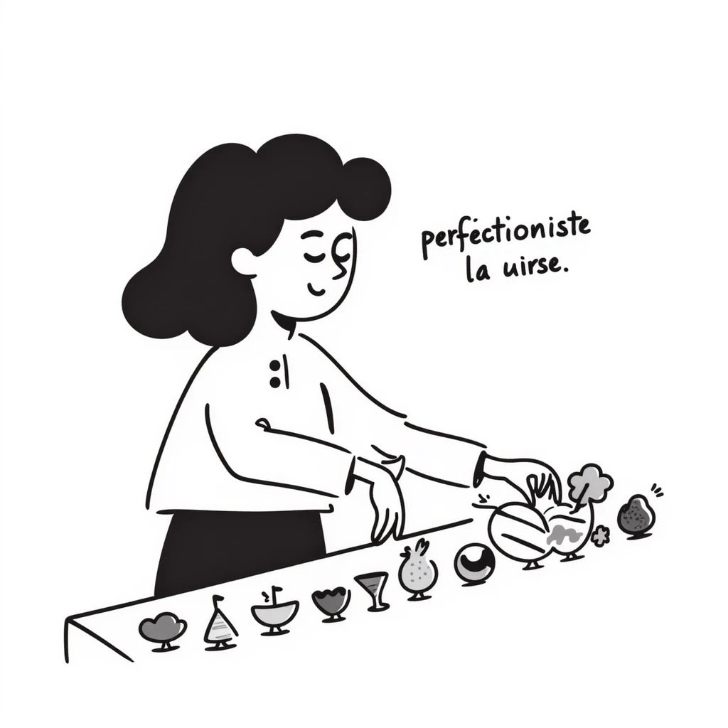 hand-drawn doodle of a perfectionist organizing objects in a straight line, neat and tidy, with text 'perfectionniste' emoji