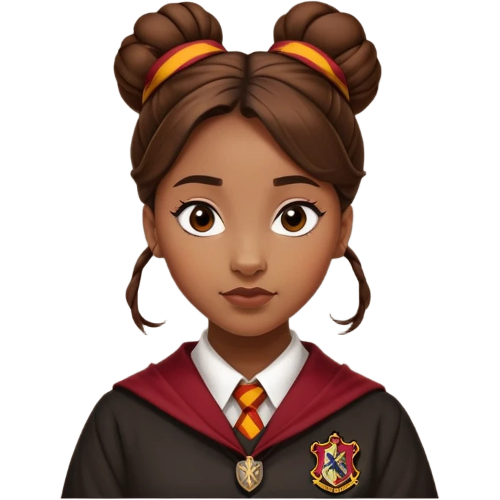 Angelina Johnson in harry potter, wear hogwarts gryfindor uniform,  thick, brown knot bun hair , reflecting her bold, stylish, and strong personality emoji