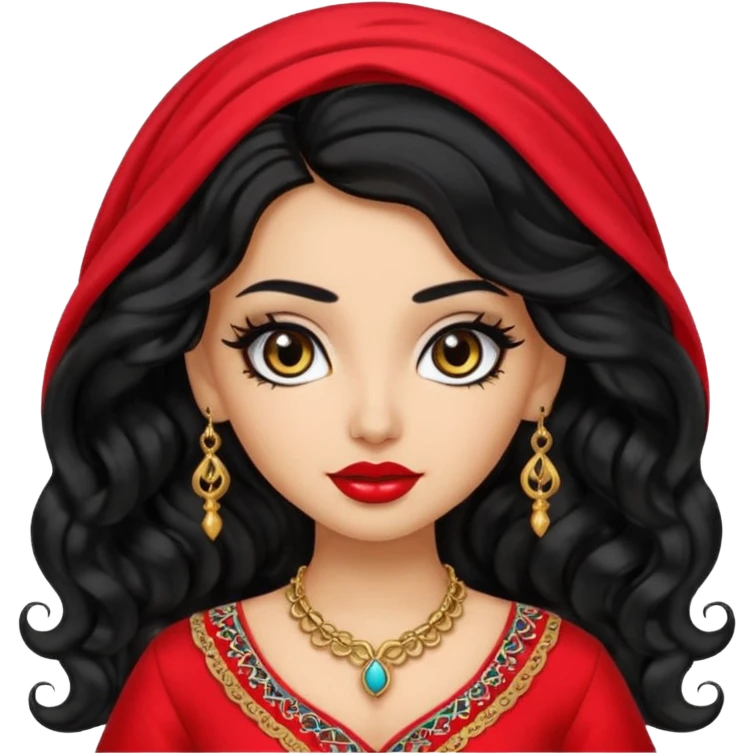 bratz-inspired emoji with long curly hair, light skin, arabian nose, bold black eyeliner, pretty lips, wearing traditional arabian attire emoji