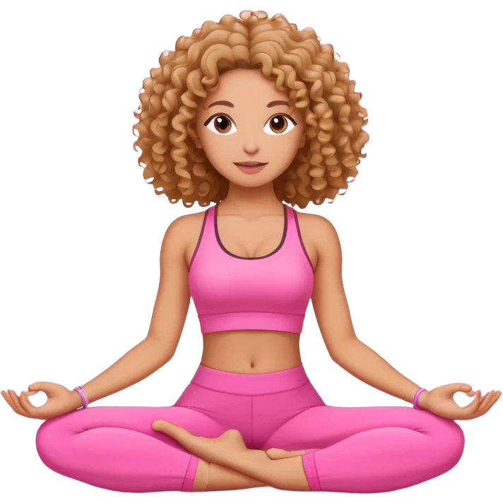 Uma mulher de cabelo cacheado, usando roupa de yoga rosa, em uma posição de yoga bonitinha  emoji