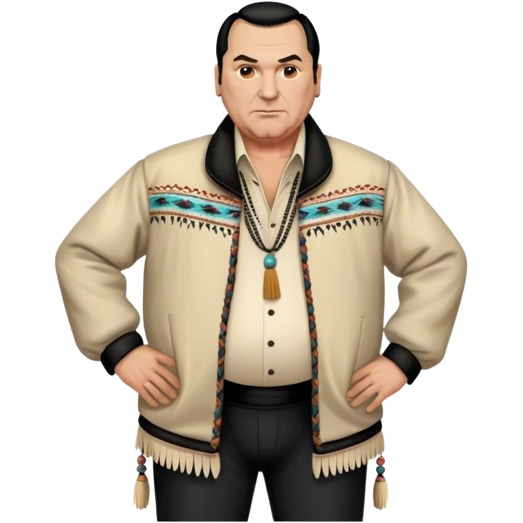 unhealthy steven segal full-body balding with ponytail. pot belly. native american style jacket-with-tassles black pants big belly emoji