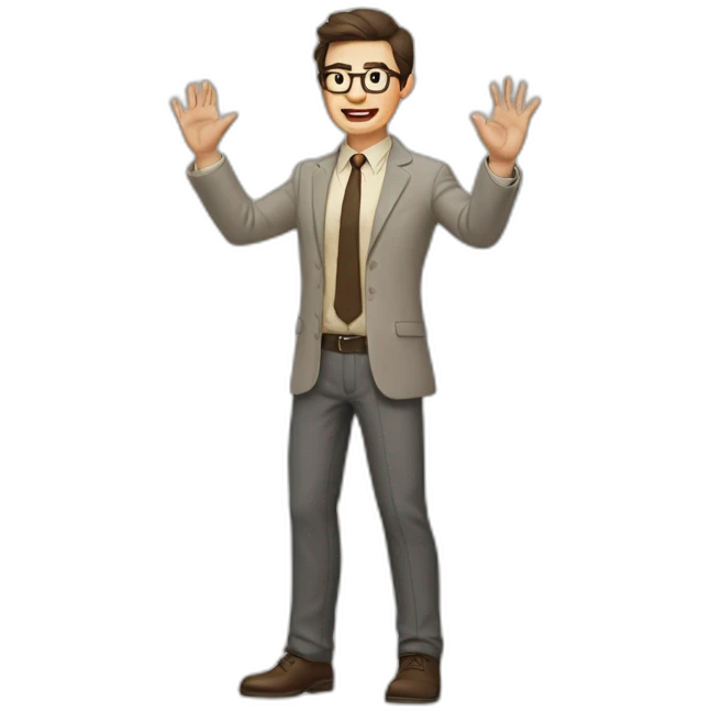 To belt Actively gesturing with hands Pale skinned fit man with dark brown hair in gray jacket, beige office shirt, brown tie, brown pants and vintage glasses. emoji