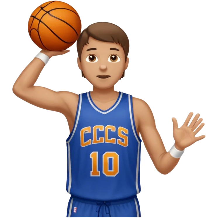 A white man with brown hair with a basketball, doing a layup emoji