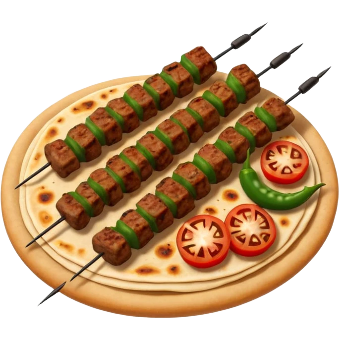 Adana kebab object icon, spicy grilled minced meat skewer, served on flatbread, grilled tomatoes and green peppers on the side, smoky char marks, juicy texture, 3D cartoon, mobile game icon style, centered, clean background, no text, no watermark
 emoji