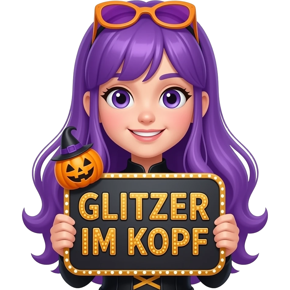 girl with long purple hair wearing a halloween costume holding a GLITZER im KOPF sign emoji