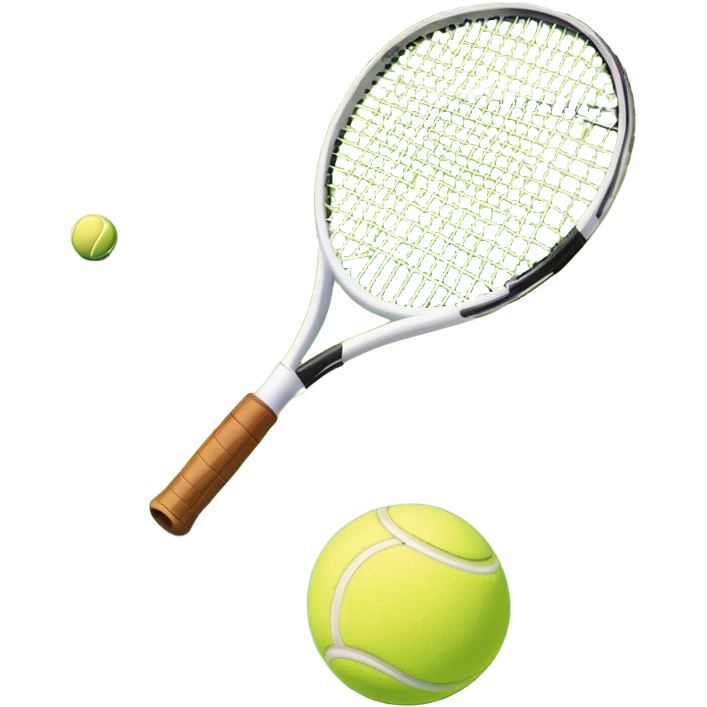 A tennis racket and ball positioned on a grass court, with the net and lines clearly visible in the background. The scene emphasizes the classic elements of the sport, capturing the energy and precision of a tennis match. emoji