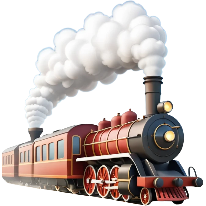 A 3D cartoon steam train puffing clouds of white smoke from its chimney, outdoor scene, warm sunlight, realistic Memoji-style. emoji