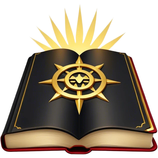 Un libro negro mate con detalles en dorado profundo o rojo oscuro, irradiando una sombra poderosa, con un símbolo, y una ligera aura de calor, reflejando el poder de vivir sin miedo.  emoji