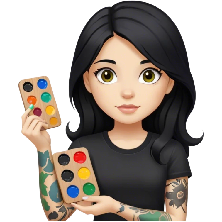 A girl with long black hair  light complexion and hazel eyes and black tattoos on right arm holding a paint palette  wearing black shirt emoji