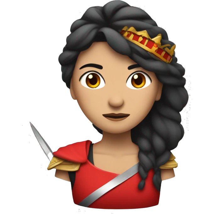 guerrera mujer con corona que le tape los ojos, pelo rojo, espada emoji