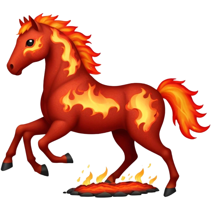 A red fast horse made of embers, magma, and visible lava, with flames burning around it and ash particles floating emoji