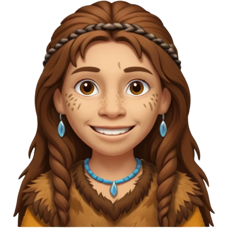 smiling Neanderthal woman with long hair and animal skin clothing emoji