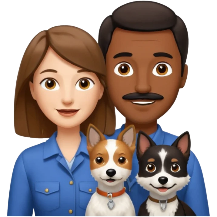 Quiero a una mujer blanca  con el pelo por el hombro lacio castaño  con un hombre de color morochito con el pelo negro y bigote, ambos felices  y un solo perro blanco Fox terrier  emoji