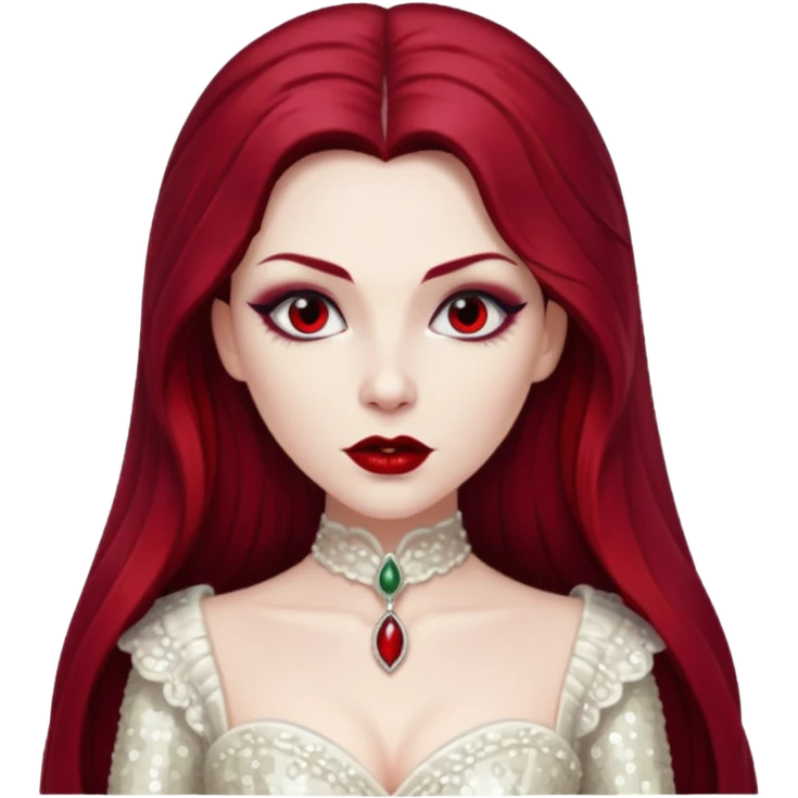 Bride of Dracula with long dark red hair, ivory sequin outfit emoji