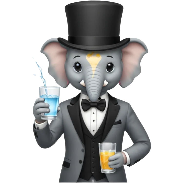 elephant wearing suit, bowtie and top hat, holding glass of water emoji