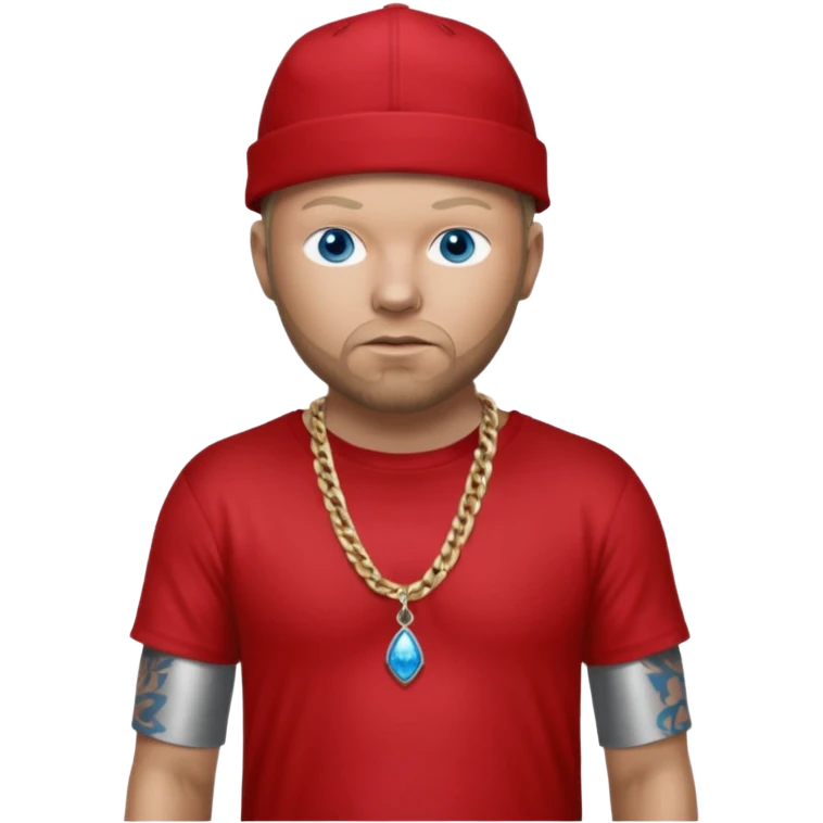Fred Durst with metallic red pants, shirtless with necklace, blue eyes, dark blonde hair emoji