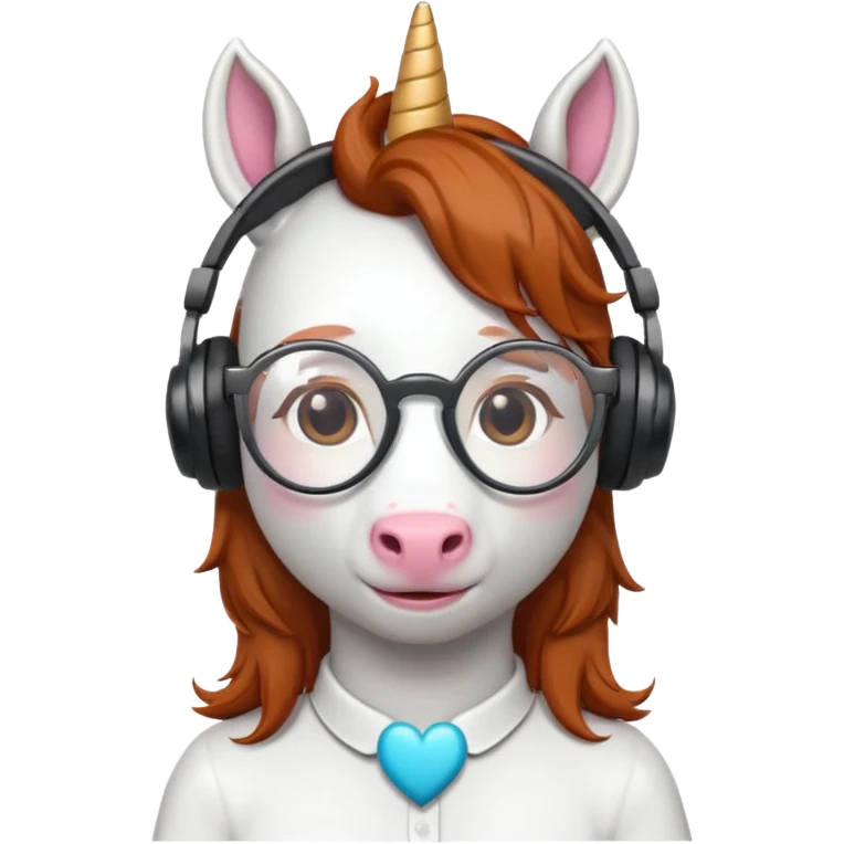 headphone wearing white unicorn with dark ginger hair and heart shaped spectacles emoji