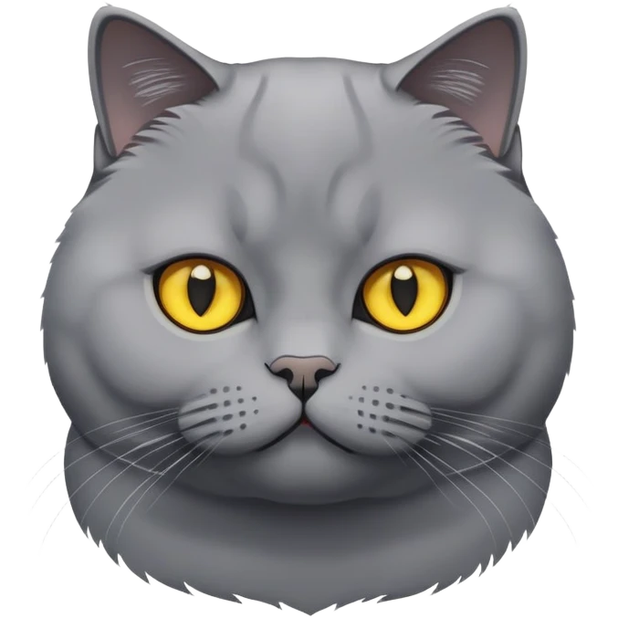 It’s a British Shorthair cat with no patterns, solid grey fur, and yellow eyes. emoji