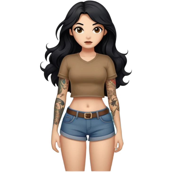 A girl with fair skin and a little fat - long black hair with big waves - tattoos on the upper arm - no tattoos on the lower arm - wearing a brown navel-revealing short-sleeved shirt - full body photo emoji
