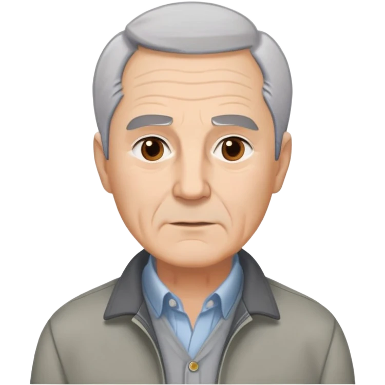 Distinguished older man in his 60s, light complexion, round face with broad jaw, vivacious brown eyes, thick eyebrows giving intensity to expression, short gray-white hair combed slightly back with visible receding hairline, clean-shaven, wearing gray casual jacket over button-up shirt emoji