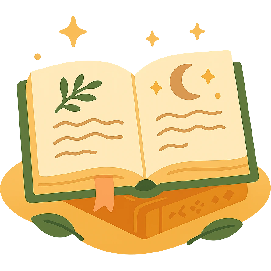 A cute open book lying on a cozy surface, designed in a soft and magical color palette: golden orange (FA9B41), deep forest green (4A7C5C), warm taupe brown (96775A), and pastel peach (FFCC9A). The pages are slightly aged with gentle curves, featuring whimsical illustrations, tiny stars, and elegant handwritten text. The book cover, visible beneath the open pages, has decorative patterns and a ribbon bookmark in peach and green tones. Around the book, add soft light, a few leaves, or glowing sparkles, creating a dreamy, enchanted, storybook-like atmosphere. The overall mood is warm, magical, and gentle emoji