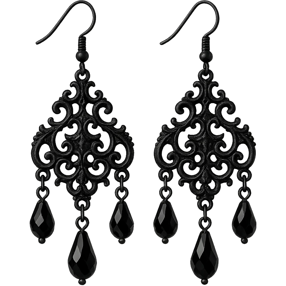 goth earrings chandelier style, ornate black metal, baroque gothic emoji