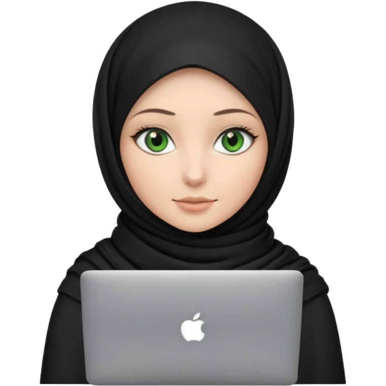 women with black scarf hijab , with green eyes  ,without hair, with macbook emoji
