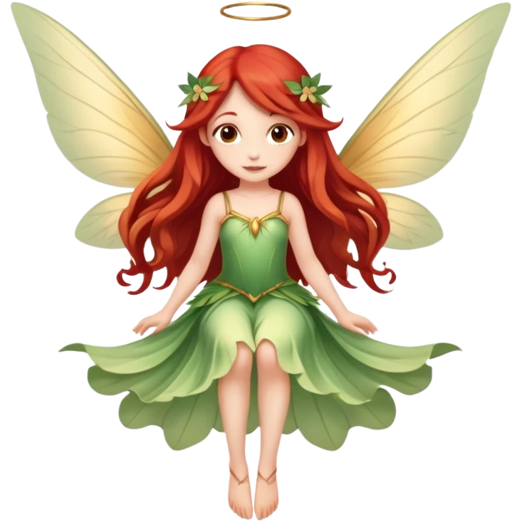 Une magnifique fée mignonne avec  de belles ailes une magnifique robe naturelle avec de très long cheveux roux avec des yeux marrons de belle jambe qui vole  emoji
