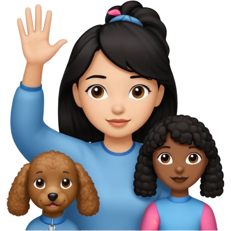 Ponytail black hair girl with brown Poodle say goodbye  emoji