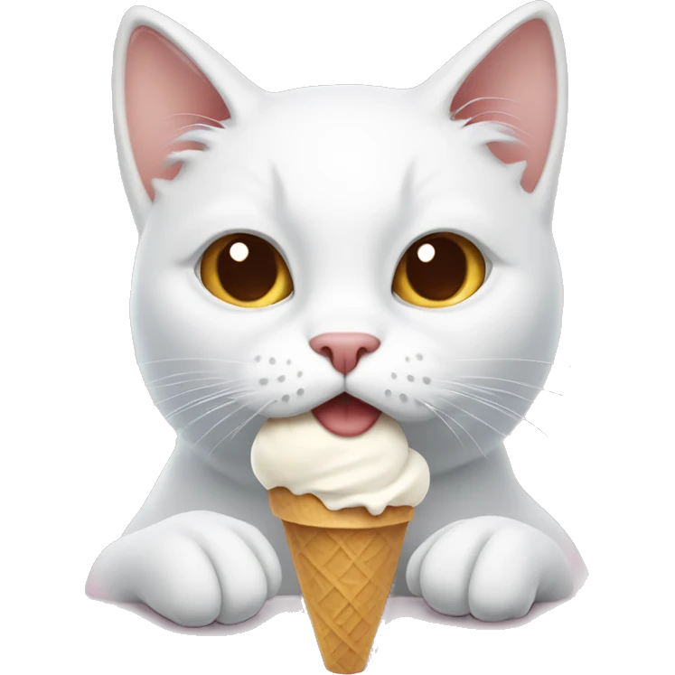 White cat with brown eyes eating ice cream emoji