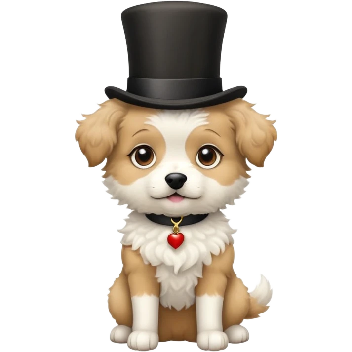 cute small tan and white dog with black nose, black round eyes, curly fluffy medium length hair, wearing a top hat emoji