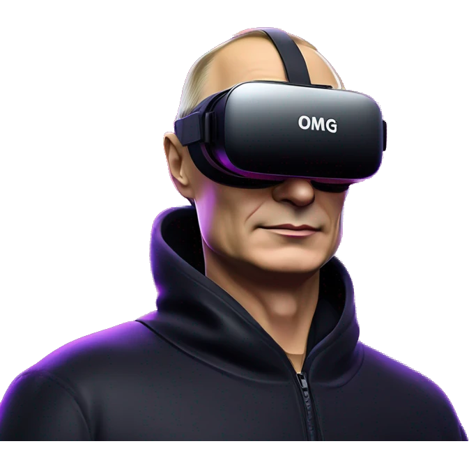 Vladimir Putin wearing a black hoodie with "OMG" letters on it and VR headset oculus quest 2 in a cyberpunk VR environment with violet neon lighting. emoji
