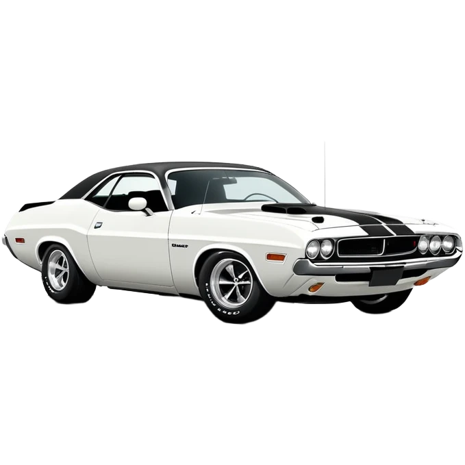 Completely white 1971 Dodge Challenger muscle car, side view, no racing stripes, pure white paint job, minimalist style, classic American muscle car from Tarantino's Death Proof movie emoji
