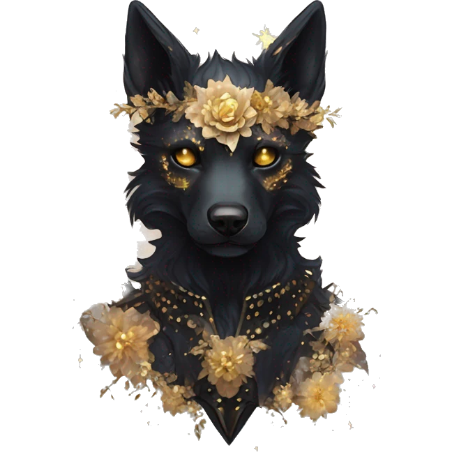 Black iridescent fluffy dog fox head zombie skeleton gold mechanical nebula galaxy stars flowers fairy lights vintage emoji