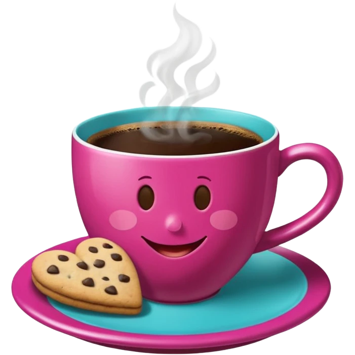 cup of coffee, steaming, the smoke should come out in the shape of a heart, the color of the cup is fuchsia, the cup has a happy face printed on it, the cup rests on a turquoise blue plate, and there are cookies and sugar cubes around the cup. emoji