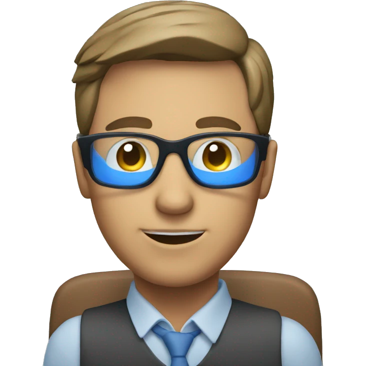 man sitting at desk using blue light blocking glasses emoji