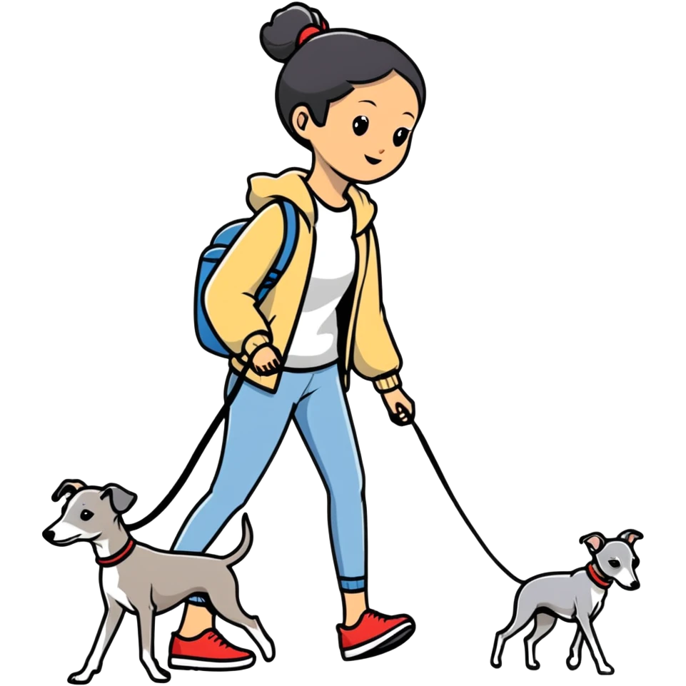 Asian girl walking an all grey Italian greyhound with no white nose, completely grey dog emoji