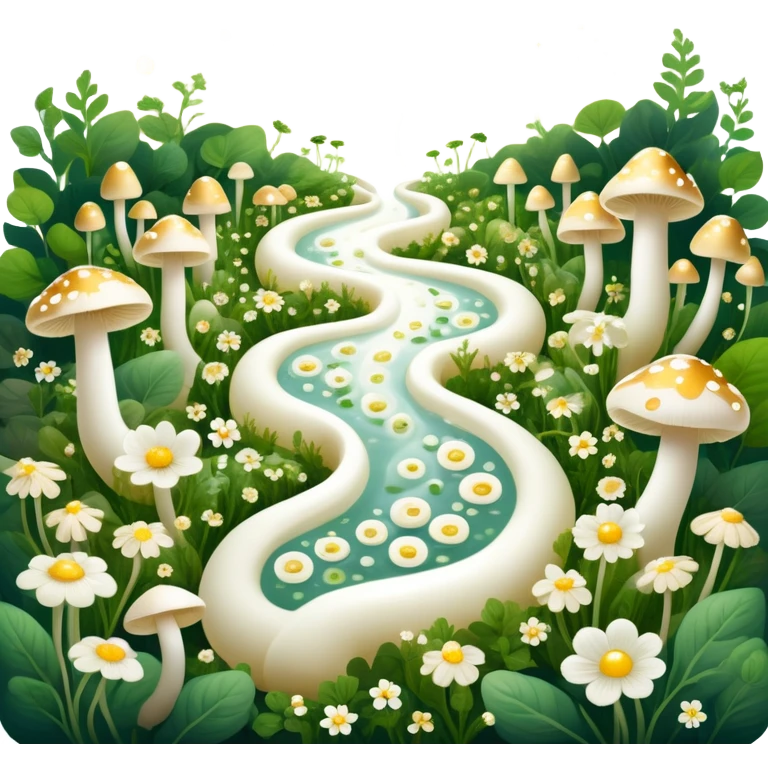 Glowing garden of probiotic foods: yogurt as white flowers, kefir as luminous mushrooms, and fermented vegetables as magical plants. Beneficial bacteria appear as tiny golden lights floating through the garden. The intestine forms a spiraling path surrounded by this magical ecosystem. emoji