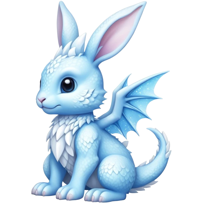 A cute bunny-dragon hybrid creature with ice crystals, rabbit ears, dragon wings and tail made of ice emoji