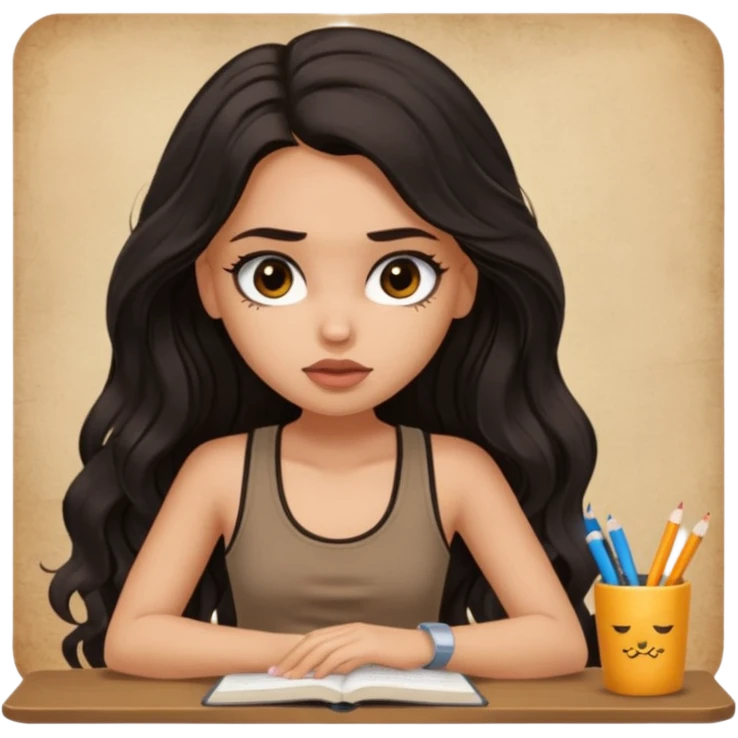a pretty bratz light dusky girl with long wavy black hair in a brown tank top studying tired emoji