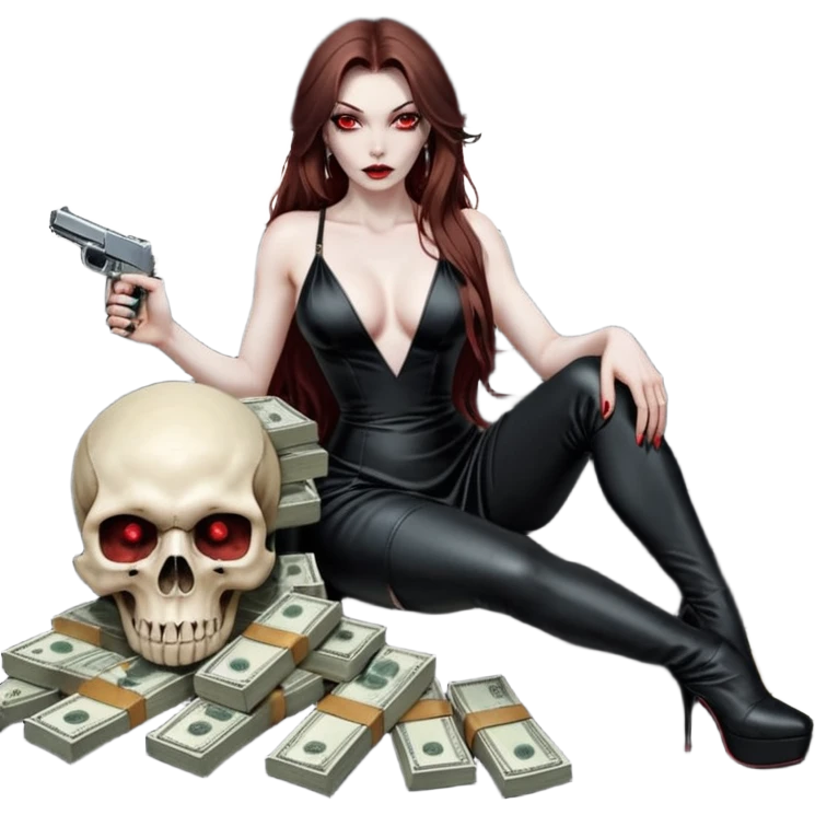 Lilith red eye seductress evil long brown haired sexy succubus woman with leather long dress with slit on, sitting in Big Large F350 pickup truck. Wearing super tall black platform high heels, Back seat full of stacks of cash, she is  Holding a human skull of her enemies and a gun in other hand emoji