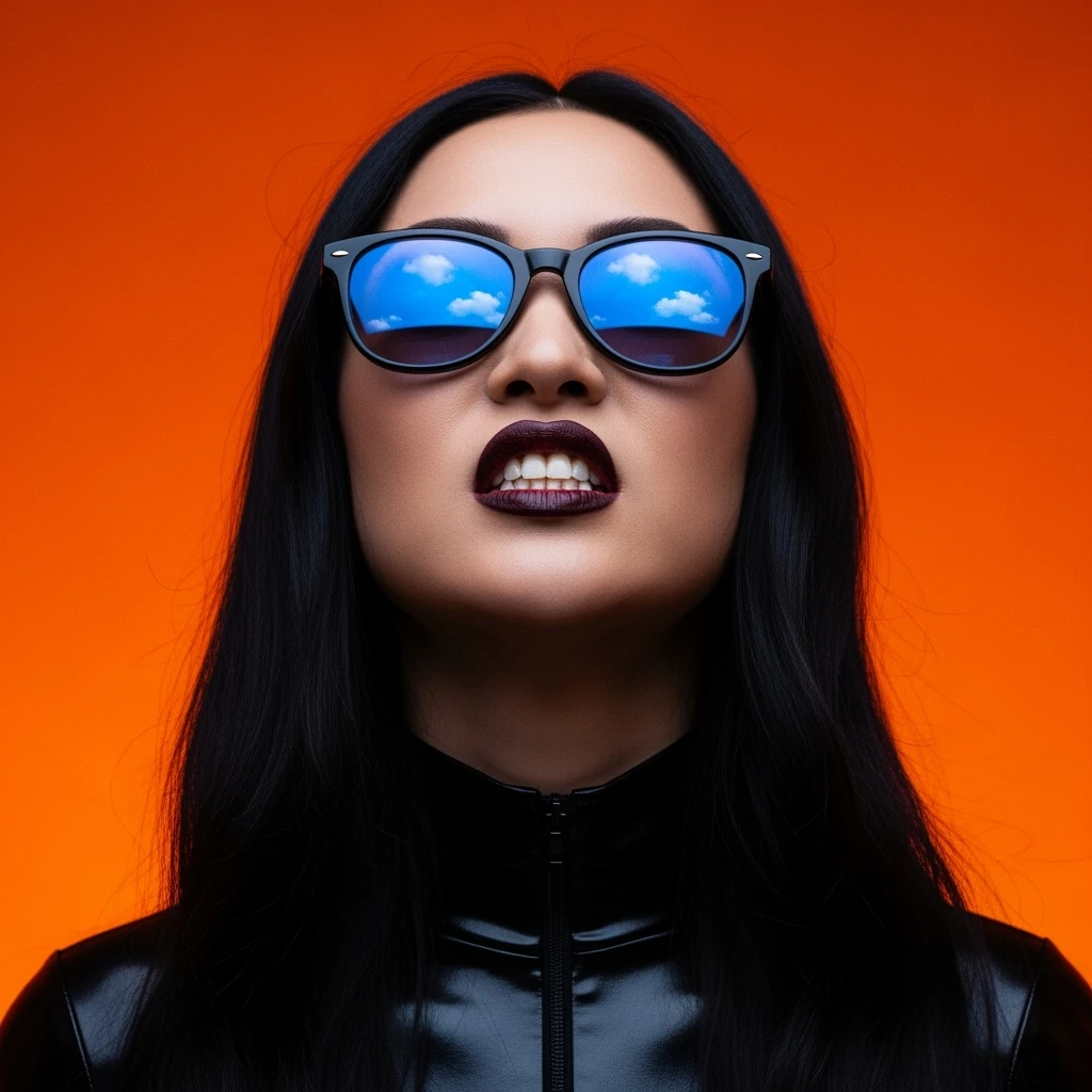 extreme closeup Photo of a beautifull woman with dark hairs and dark uotfit looking up (like villain), orange background, minimalistic, glasses with contrast reflection of blue sky and white clouds  emoji
